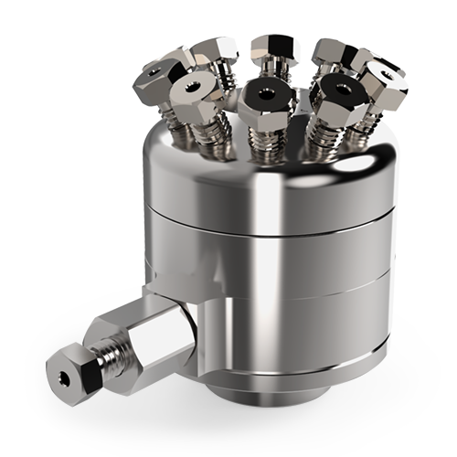 VICI Valco 1/16” 10-Port DV22 Diaphragm Sampling/Switching Valve - Hastelloy C Stator, 0.75 mm Bore, 300 psi gas at 175° C